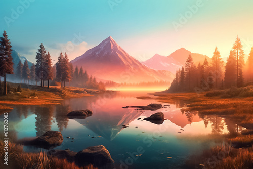 The illustration of the serene beauty of nature  where towering mountains and a gently streaming river create a harmonious landscape that will captivate your senses. Generative AI...