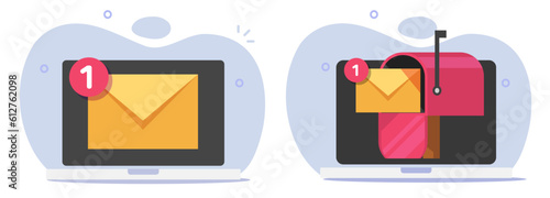 Mail email icon vector on laptop computer graphic, pc virtual digital electronic new message mailbox, internet web envelope with notice notification clipart image received