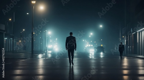 businessman walking in the middle of the night alone on the street. Generative AI