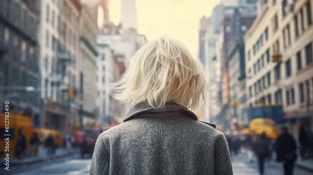 AI generative image back view of a young woman with white hair against an urban scene AI generative image back view of a young woman with white hair against an urban scene