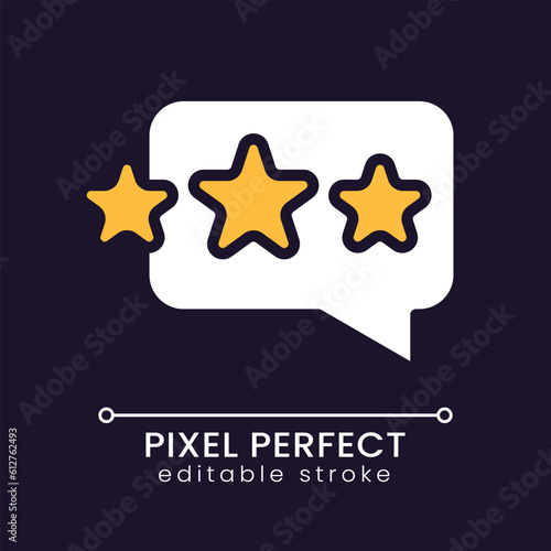 Customer feedback pixel perfect RGB color icon for dark theme. Speech bubble with stars. Ranking business. Simple filled line drawing on night mode background. Editable stroke. Poppins font used