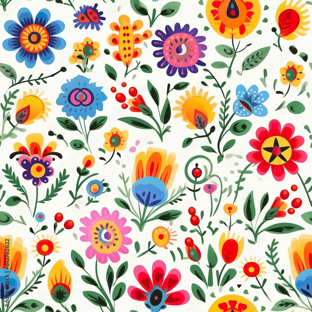 A pattern of colorful flowers on a white background. Generative AI. Polish folk art.