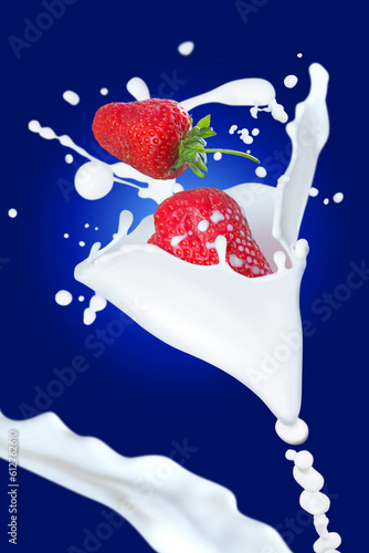 Flying strawberry covered the milk scattered spays on glowing blue background.
