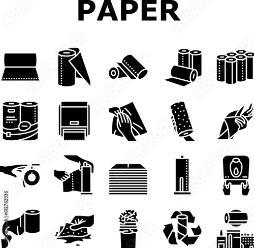 paper towel roll kitchen icons set vector. tissue toilet, hygiene napkin, white clean, hand wipe, wet stroke, bathroom dispenser paper towel roll kitchen glyph pictogram Illustrations