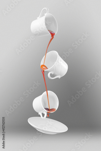 Pouring dark syrup over the white porcelain coffee cups.