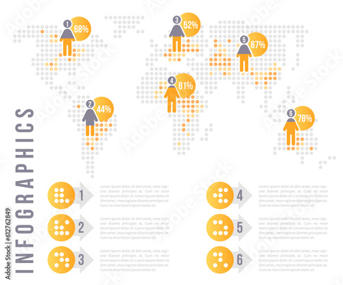 Demographic analysis world map infographic chart design template. Editable infochart. Instructional graphics with 5 point sequence. Visual data presentation. Merriweather Sans font used