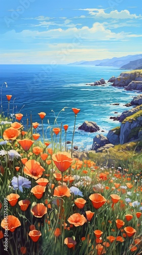 Beautiful flowers, poppies and daisies against the backdrop of the ocean, raging waves. Watercolor paintings sea landscape, sunset in the ocean. Generative Ai.