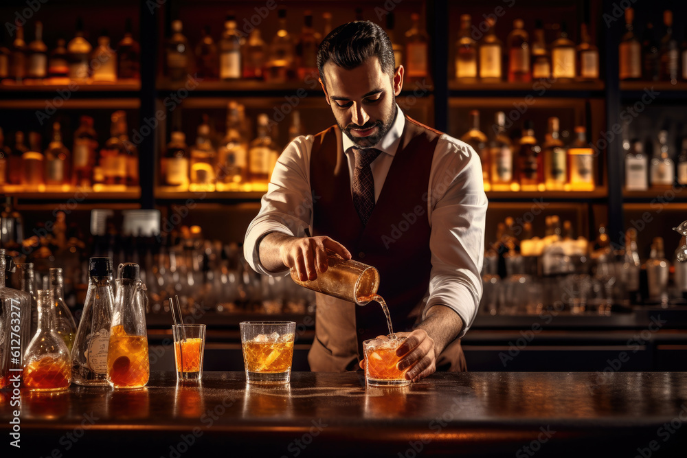 Man working in a bar preparing several colorful cocktails. Concept of soft drinks and hospitality.