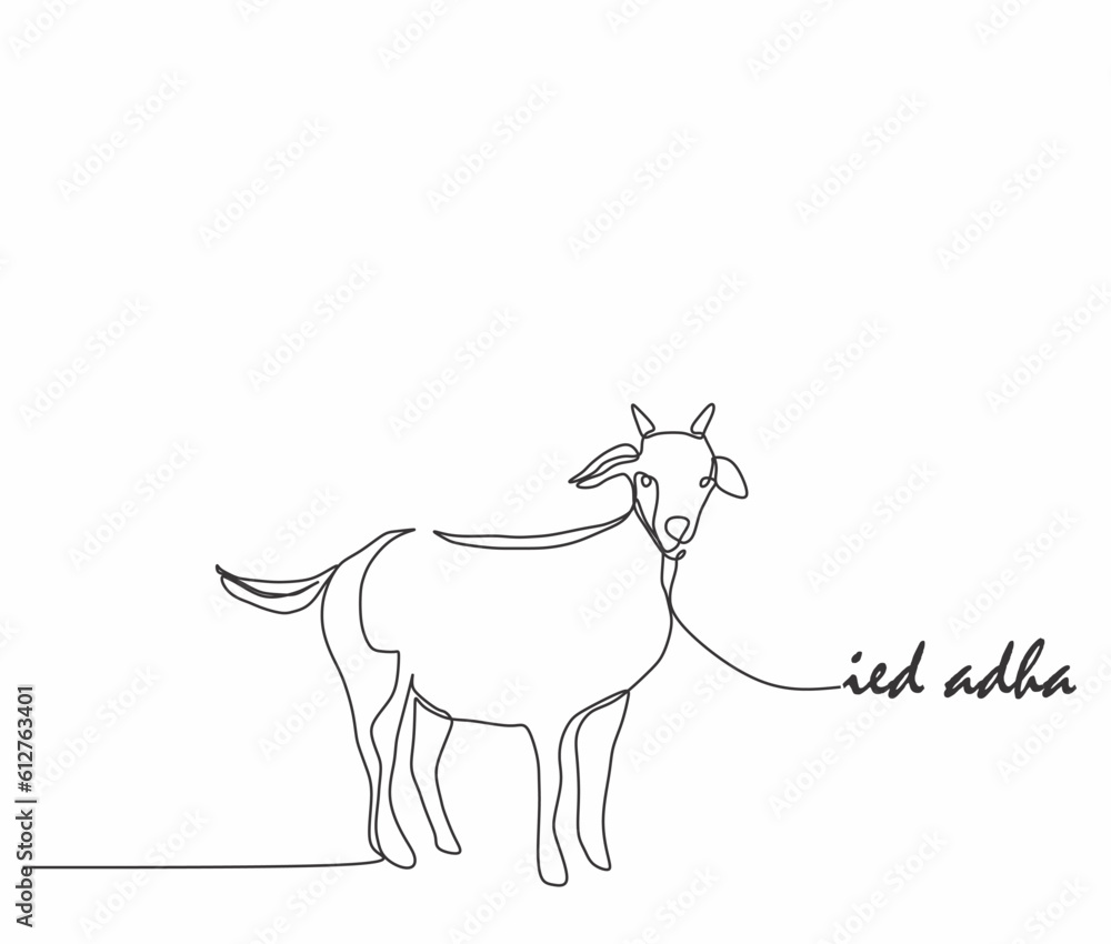 One continuous single line hand drawing of eid al adha mubarak background with goat sheep isolated on white background.