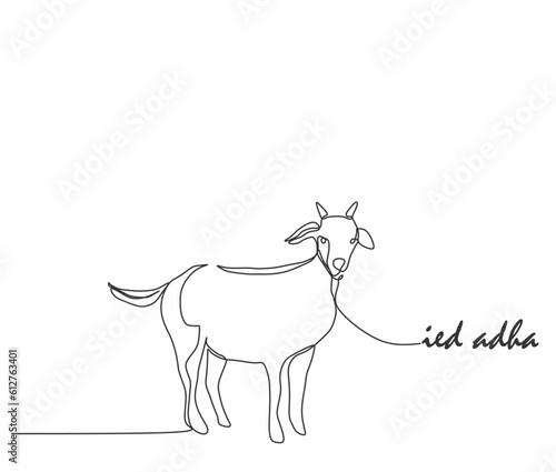 One continuous single line hand drawing of eid al adha mubarak background with goat sheep isolated on white background.
