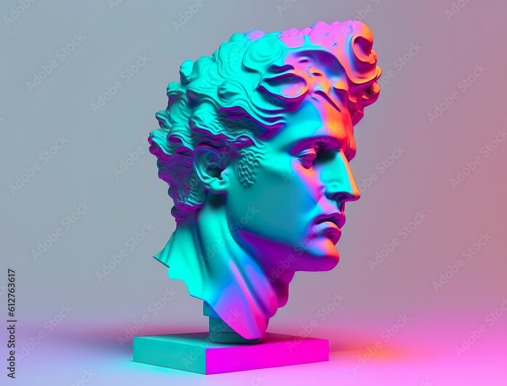 Greek god sculpture in retrowave city pop design, vaporwave style colors, ganerative ai Greek god sculpture in retrowave city pop design, vaporwave style colors, ganerative ai