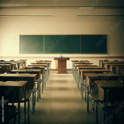 "A Haven of Learning: Experience the ambiance of an unoccupied classroom in this captivating interior image. Meticulously arranged chairs, functional tables, and a chalkboard displaying captivating ma