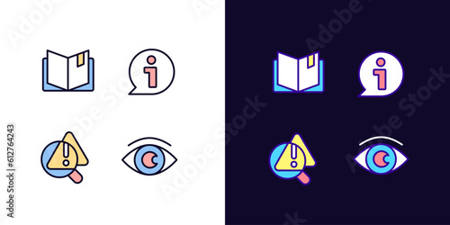 Seeking for answers pixel perfect light and dark theme color icons set. Problem identification. Planner. Simple filled line drawings. Bright cliparts on white and black. Editable stroke