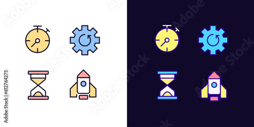 Process and operation pixel perfect light and dark theme color icons set. Download update. Launching website. Simple filled line drawings. Bright cliparts on white and black. Editable stroke