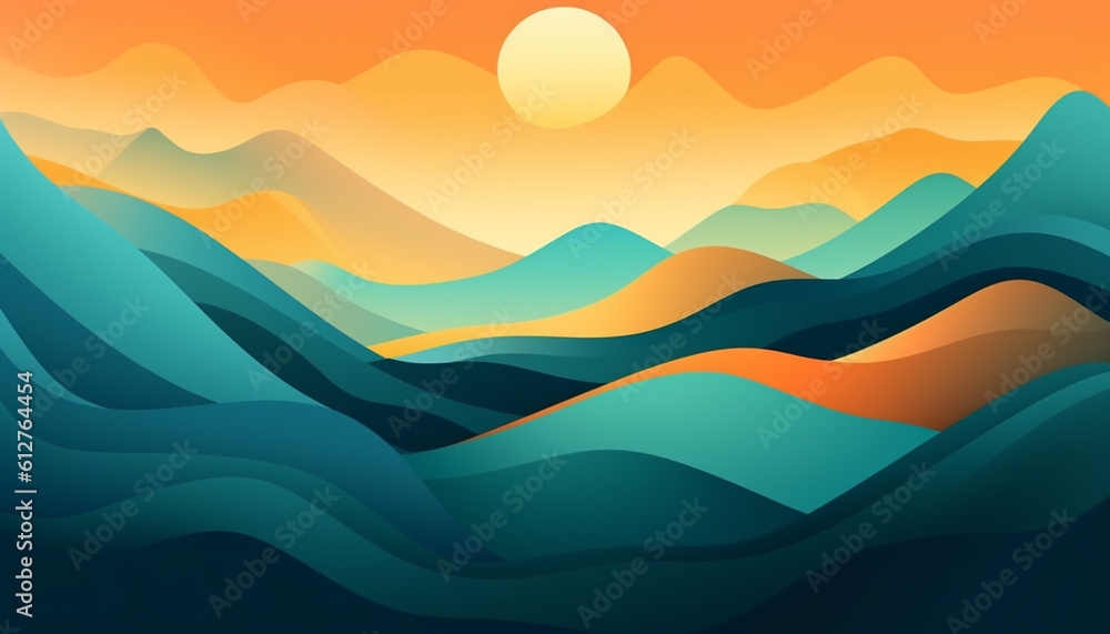 Orange and teal hill landscape with sun, generative AI illustration
