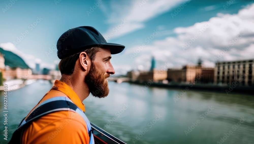 Side view man tourist in baseball cap with backpack stands against the backdrop of city wide river. Generative AI