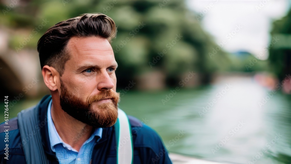 Brutal man with beard tourist stands against the backdrop of wide river. Generative AI Brutal man with beard tourist stands against the backdrop of wide river. Generative AI