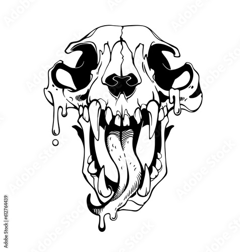 Illustration of an animal skull with tongue out, on white background