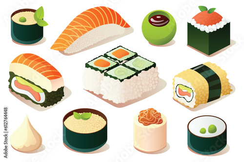 Sushi set. The illustration is a flat and cartoon design of a sushi set, with various types of sushi rolls, sashimi, and condiments. Vector illustration.