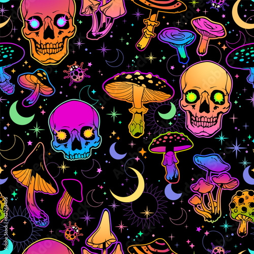 Seamless psychedelic pattern of bright poisonous mushrooms and human skulls