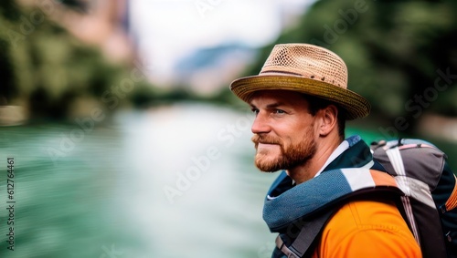 Charismatic man tourist in hat with backpack stands against the backdrop of wide river. Generative AI