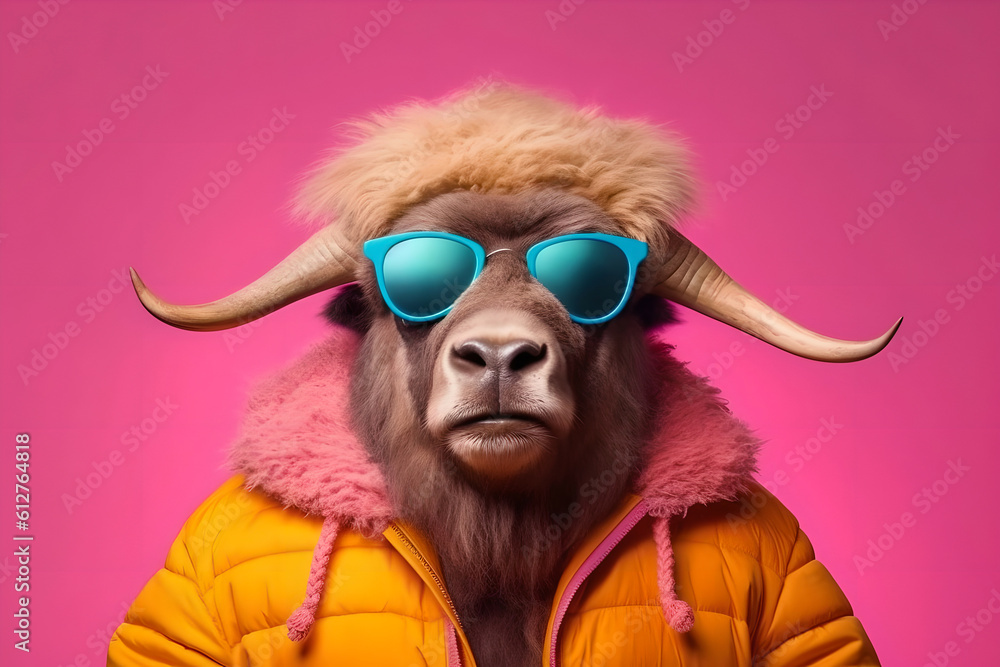Stylish cool bison with horns in an orange jacket and sunglasses. Generative AI.