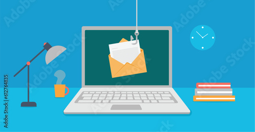 cyber crime concept, phishing email scam on laptop screen with fishing hook, vector illustration.