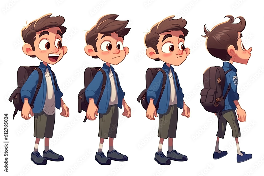 set of child boy schoolboy student with backpack on white isolated background. Cartoon character. Generative AI set of child boy schoolboy student with backpack on white isolated background. Cartoon character. Generative AI