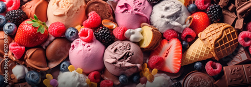 Variety of ice cream and frozen treats of berries and fruits. Generative AI,