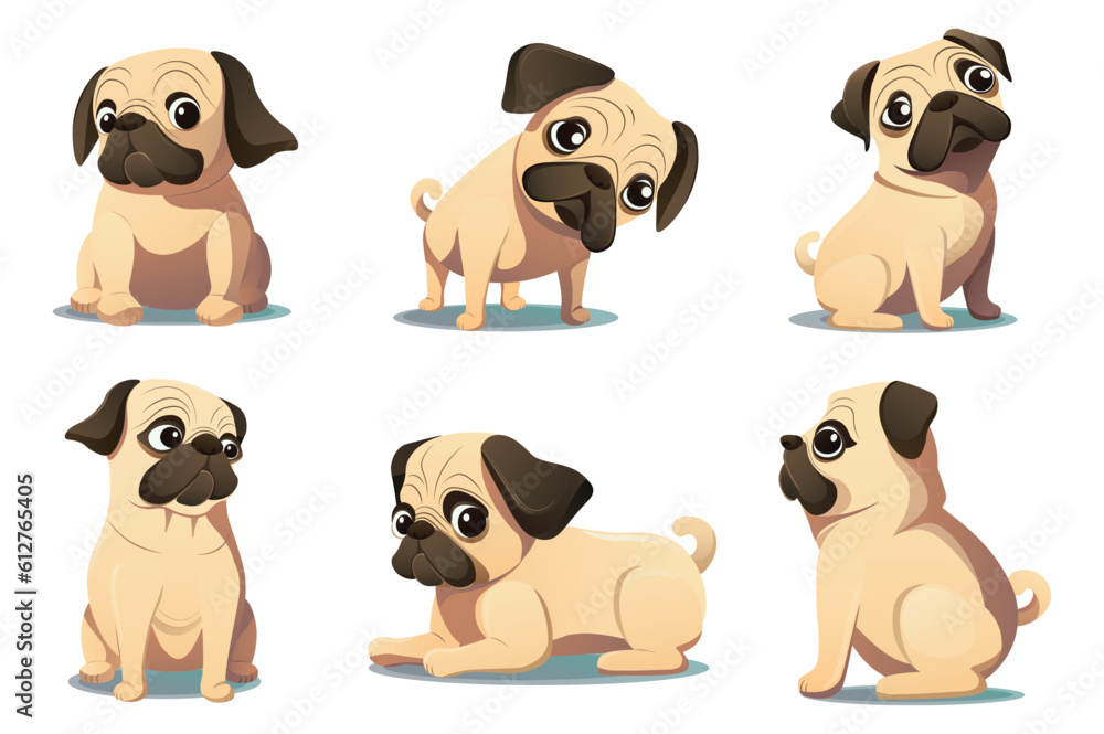 Funny pug set. This is a set of flat and cartoon-style illustrations featuring a funny pug. Vector illustration.