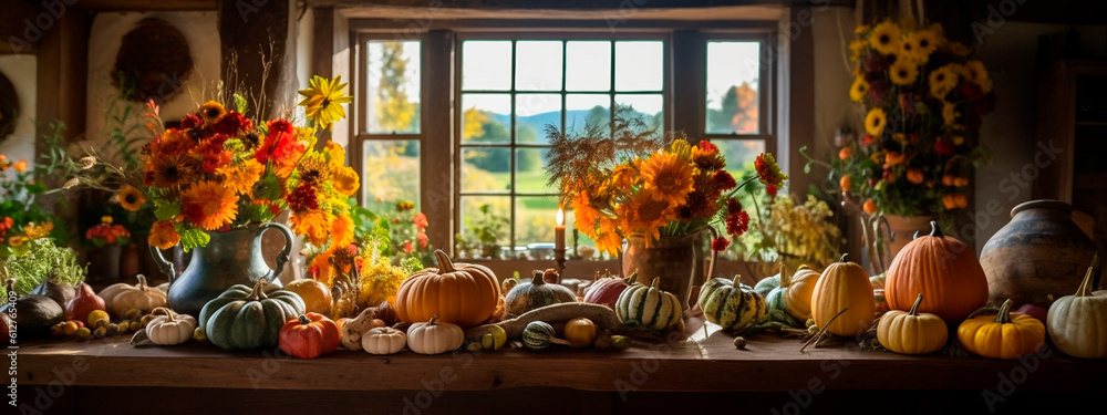 celebration harvest abundance pumpkin flower arrangements on the table in a cozy country room. Generative AI, celebration harvest abundance pumpkin flower arrangements on the table in a cozy country room. Generative AI,
