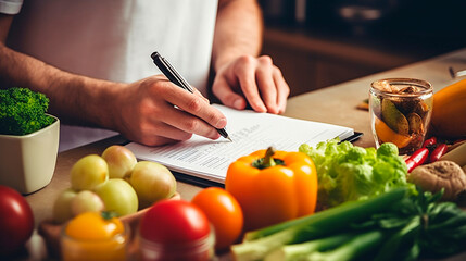 a person choosing healthy food options and preparing a grocery list. Generative AI,