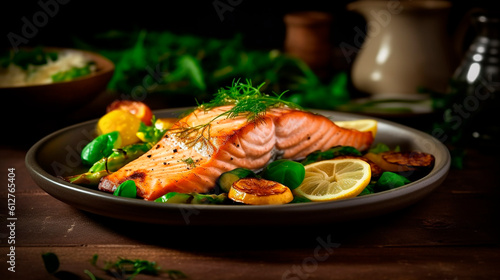 Grilled salmon with vegetables, keto diet dish. Generative Ai,