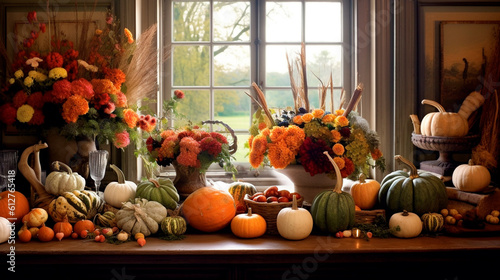 celebration harvest abundance pumpkin flower arrangements on the table in a cozy country room. Generative AI 