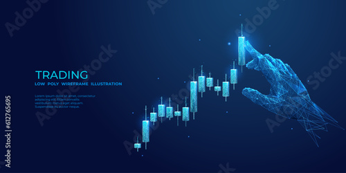 Abstract man touches a candlestick with his index finger. The concept of risk management or playing in the stock markets. A digital hand is touching and lifting up the graph chart. Vector illustration