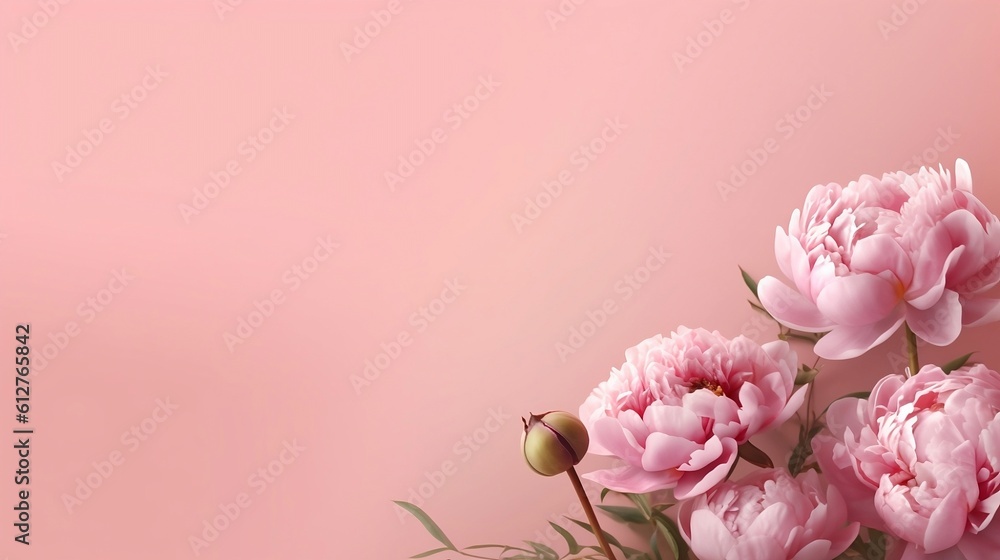 Beauty flower banner with blooming peonies on pink gradient background. Oriental floral background for presentation, promotional sales or cosmetics advertising. Copy space, generative AI Beauty flower banner with blooming peonies on pink gradient background. Oriental floral background for presentation, promotional sales or cosmetics advertising. Copy space, generative AI