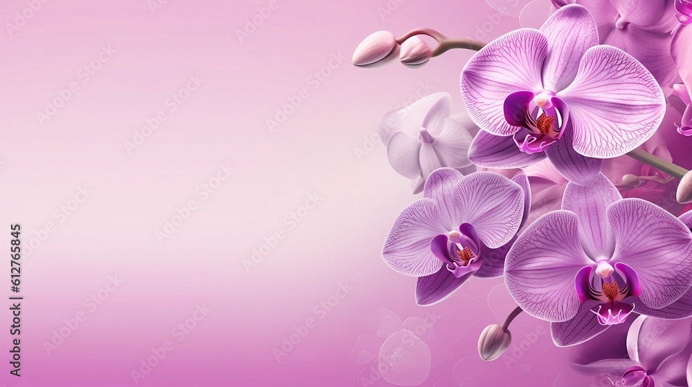 Beauty flower banner with blooming purple orchids on pink gradient background. Oriental floral background for presentation, promotional sales or cosmetics advertising, generative AI Beauty flower banner with blooming purple orchids on pink gradient background. Oriental floral background for presentation, promotional sales or cosmetics advertising, generative AI