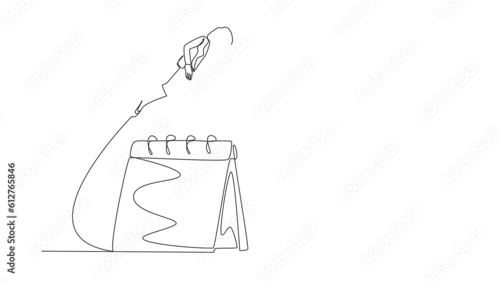 Self drawing animation of single line draw businesswoman jumping over calendar. Worker setting appointment reminder. Manager planning month work in desk calendar. Continuous line. Full length animated Self drawing animation of single line draw businesswoman jumping over calendar. Worker setting appointment reminder. Manager planning month work in desk calendar. Continuous line. Full length animated