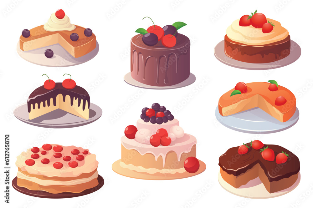 Cakes set. This is an illustration of a set of flat, cartoon cakes designed in a playful and creative way. Vector illustration. Cakes set. This is an illustration of a set of flat, cartoon cakes designed in a playful and creative way. Vector illustration.