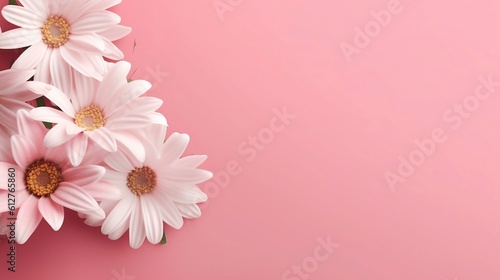 Beauty flower banner with blooming white daisies on pink gradient background. Oriental floral background for presentation  promotional sales or cosmetics advertising. Copy space  generative AI