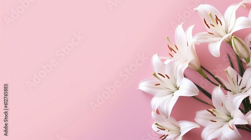 Beauty flower banner with blooming white lilies on pink gradient background. Oriental floral background for presentation, promotional sales or cosmetics advertising. Copy space, generative AI