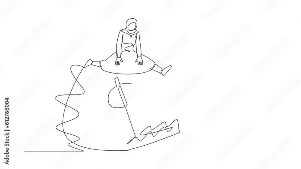 Self drawing animation of single line draw Arabian businesswoman jumping over money pitfall with money dollar symbol. Financial money trap, ponzi business scheme. Continuous line. Full length animated Self drawing animation of single line draw Arabian businesswoman jumping over money pitfall with money dollar symbol. Financial money trap, ponzi business scheme. Continuous line. Full length animated