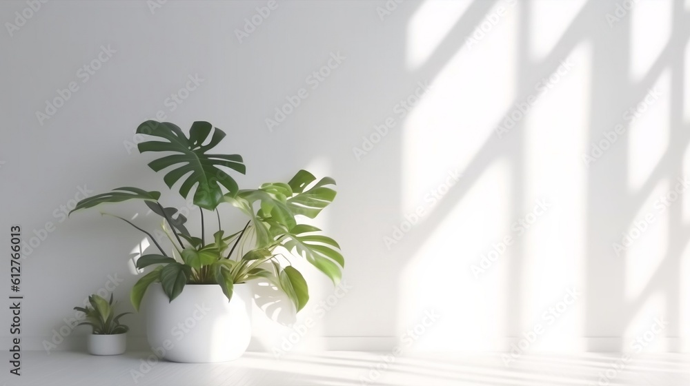 Minimalistic light background with blurred foliage shadow on a white wall. Beautiful background for presentation with with smooth floor, generative AI Minimalistic light background with blurred foliage shadow on a white wall. Beautiful background for presentation with with smooth floor, generative AI