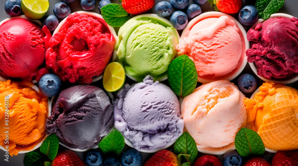 Variety of ice cream and frozen treats of berries and fruits. Generative AI, - obrazy, fototapety, plakaty 