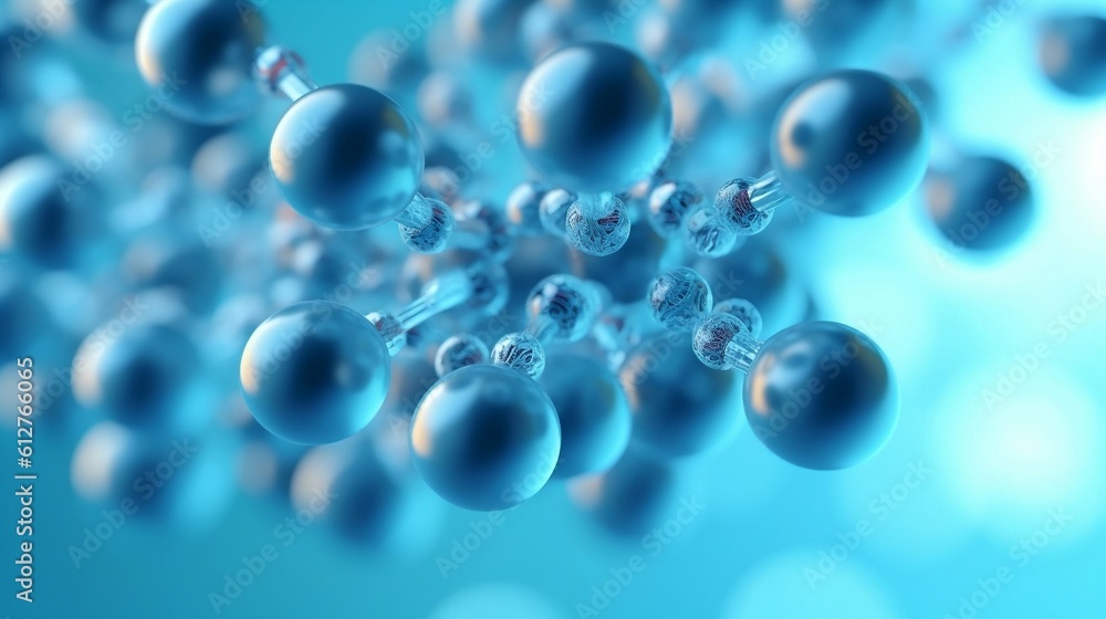 Photo of a background of a simple chemical light blue amino acid formula made of a few light blue balls levitating above background, generative AI Photo of a background of a simple chemical light blue amino acid formula made of a few light blue balls levitating above background, generative AI