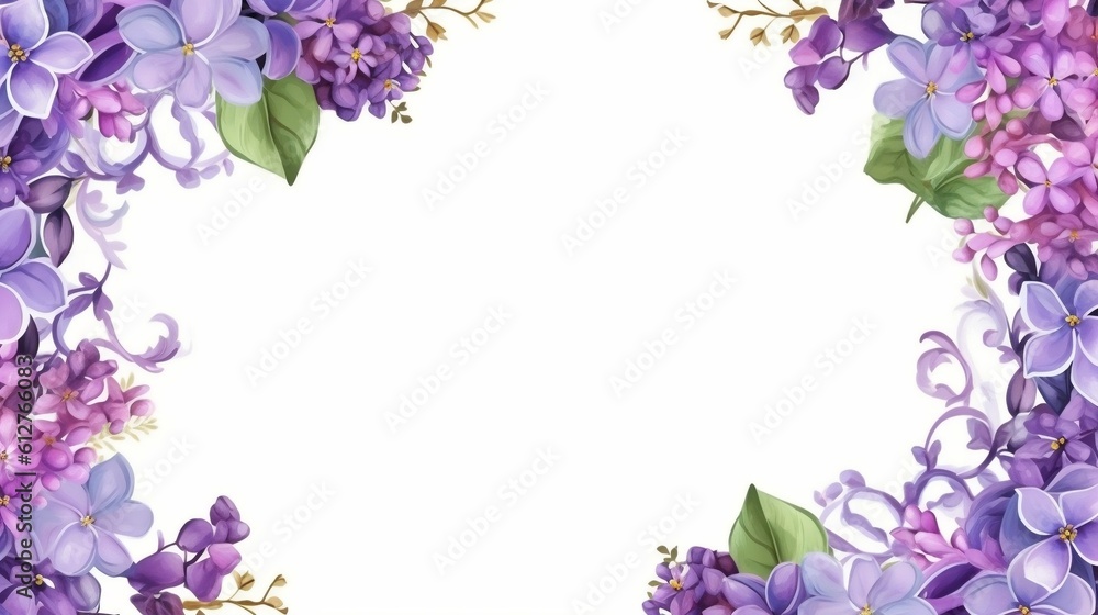 Purple lilac flower frame with white background, vector illustration, Copy space, generative AI Purple lilac flower frame with white background, vector illustration, Copy space, generative AI
