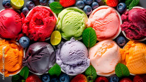 Variety of ice cream and frozen treats of berries and fruits. Generative AI, photo