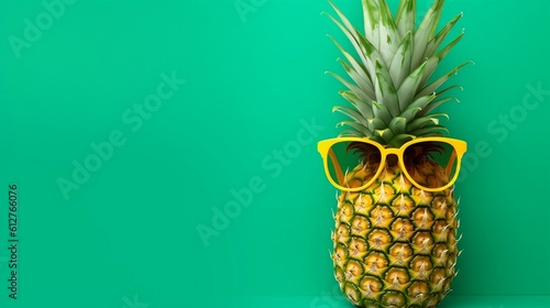 pineapple with sunglasses on a green background, generative AI