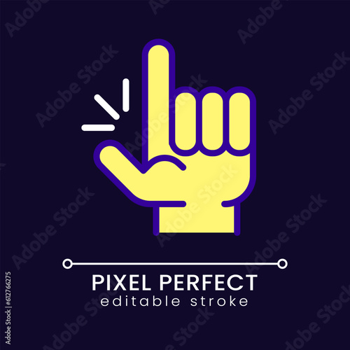 Eureka gesture pixel perfect RGB color icon for dark theme. Sudden creative idea and solution. Inspiration. Simple filled line drawing on night mode background. Editable stroke. Poppins font used