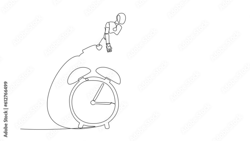 Animated self drawing of continuous one line draw robot jump over alarm clock. Business deadline, working time efficiency. Robot cybernetic organism. Future robotic. Full length single line animation